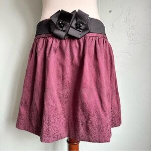 Stooshy Burgundy Damask Belted Mini Skirt Medium NWOT Goth Fairy Whimsy Feminine